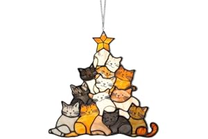 GRFFZX Cat Christmas Tree Suncatcher Ornament, Cats Stacked Decoration suncatcher Hanging Ornament for Chandeliers, Garden, Christmas Tree Winter Holiday Xmas Gift for Cat Lovers (A)