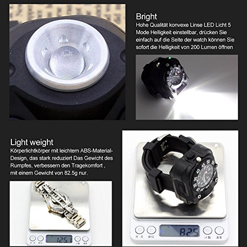 Sunmoch Super Helle 5-Mode Handgelenk LED Licht USB Aufladbar Wasserdichte LED Taschenlampe Fitness tracker Wristlicht Sportuhr Licht mit Kompass, Verwendet als Running Lichter, Radfahren Licht, Klettern Lichter, Camping Lichter,Outdoor Mini Taschenlampe - 4