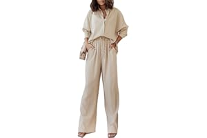 Yassiglia Womens Casual 2 Pieces Outfits, Turn-Down Collar Long Sleeve Shirts + Wide-Leg Loose Pants Set Lounge Wear Set Streetwear