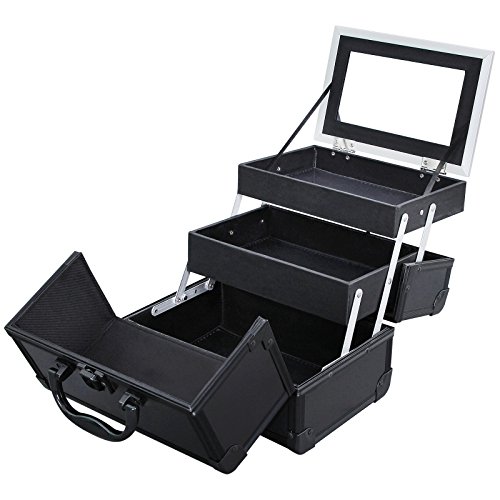 Songmics Beauty Case Kosmetikkoffer Multikoffer Etagenkoffer mit Spiegel 24 x 19 x 17 cm (B x H x T) schwarz JBC316B