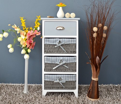 Landhaus Kommode Schrank Bad Regal in grau weiss mit einer Schublade und drei Körbe mit einem Stoffbezug in Blau - 8