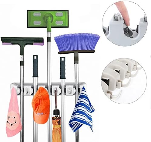 Jarvan Broom Mop Holder, 5 position with 6 hooks Holds up to 11 Tools Storage solution for Your Home Closet Garage Shed,Easy Solution for Mop and Broom Holder Storage Issues