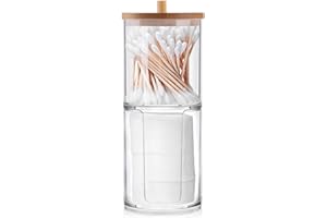 Sequpr Cotton Pad Holder - Dispenser for Qtips, Cotton Buds, Swabs, Balls, Pads - Bamboo Lid Cosmetic Organiser - Bathroom Canisters