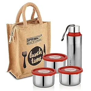 SPRINGWAY - Brand of Happiness Ruby Jute Lunch Pack with 3 Stainless Steel Container, 1 Bottle and 1 Spoon (Brown)