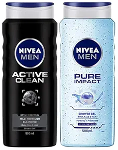 NIVEA Shower Gel, Active Clean Body Wash, Men, 500ml And NIVEA Men Pure Impact Shower Gel, 500ml, Hair, Face & Body Wash