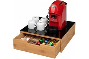 FLOBALIT Porta Capsule Portacialde in Bambù con Cassetto e Ripiano in Vetro – Organizer per Cialde, Capsule e Tisane – PortaCapsule Caffè, Bustine The e Zucchero Bamboo
