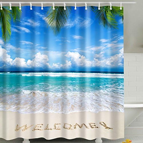 Waterproof Polyester Fabric Bathroom Shower Curtain, Qile Mildew-Resistant Anti-Bacterial 3D Digital Printing Pattern Shower Curtains with 12 Ring Hooks, 180 x200cm (Blue Sky &amp; Blue Sea &amp; Beach)