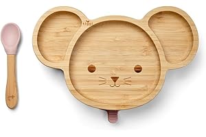 Tiggi Bamboo Baby Plate - Complete Weaning Set, Strong Suction, BPA-Free, Bamboo Plates, Ideal Baby Plate for Easy Feeding and Clean-Up (Mouse, Dusky Pink)