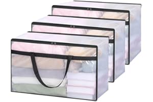 Vieshful 3 Piezas 60L Bolsas de Almacenaje Transparentes con Cremallera y Asas, Bolsas Plásticas para Edredones, Mantas, Ropa de Bebé, Mudanza y Almacenaje Bajo la Cama
