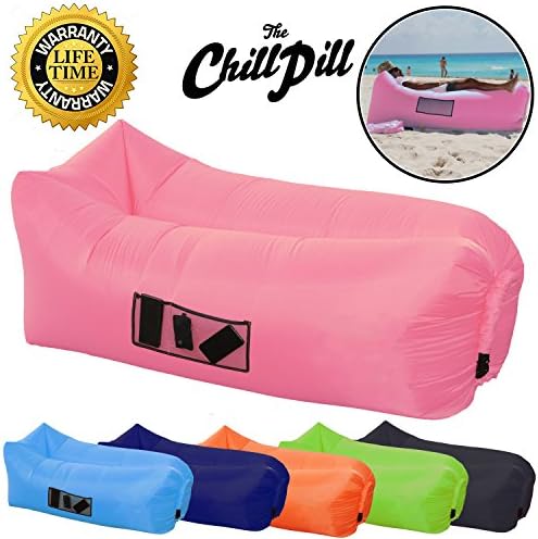 Premium Inflatable Lounger Sofa Blow Up Sleeping Bag Hammock Air Mattress. Ideal for Camping, Fishing, Beach, Swimming Pool, Festivals &amp; Chilling. Waterproof with Headrest, Pockets &amp; Drink Holder. Lightweight and Durable, Easy to Inflate. THE CHILL PILL (Pink)
