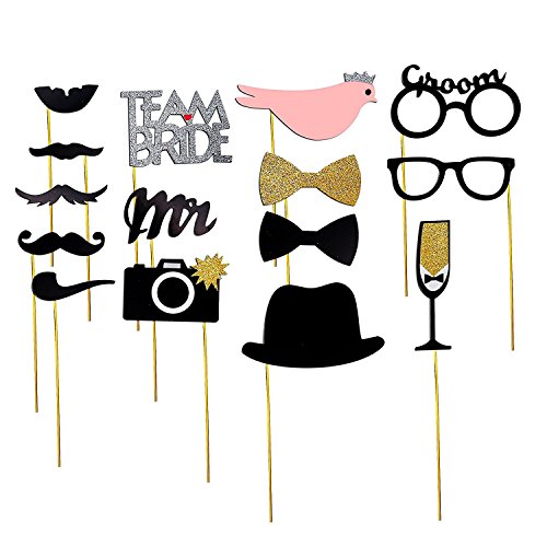 31 Stück teilig Fotorequisiten Hochzeit wedding Photo Booth Requisiten Dekorationen Photo Booth Requisiten Valentinstag Verkleidung Karneval Fasching Brillen Brille Team Groom Team Bride Sekt Champagner Mr & Mrs Ringe Lippen Rosen Herz Krone Maske Masken - 3