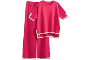 DONYKARRY 2pcs Women's Tracksuits Knit Outfits Oversized Casual Short/Long Sleeve Pullover Tops High Waist Wide Leg Pants Lounge Sets