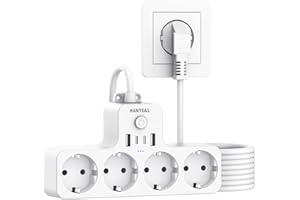 HANYEAL Listwa zasilająca z 4 gniazdami wtykowymi z 4 wtyczkami USB, podwójna wtyczka do gniazdka USB, adapter do gniazdka, montaż na ścianie, przedłużacz 2 m