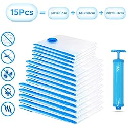 Fansteck Lot de 15 Sac de Rangement sous Vide, Bonne étanchétité réutilisable Les Housse de Rangement sous Vide avec Pompe de Voyage pour literies, vêtements, Peluches,etc