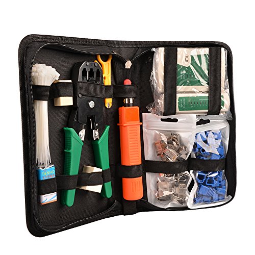 myarmor Professionelle 11 in 1 Netzwerk-Installation Wartung Reparatur Werkzeuge Set (Kabel Tester,-Crimper, 9 V Batterie, RJ-45 Kristall Stecker und Abdeckungen, Abisolierzange, Internet 2-Wege-Buchsen, Kabelbinder) mit Organizer Tasche - 2