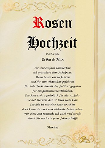 Rosenhochzeit Urkunde persönliche Geschenk Karte zum 10. Hochzeitstag Pergament div. A4 Papier Motive - 6