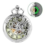 Taschenuhr - Traum Drachen Muster Jäger ManchDa Antiquität Glückliches Tier Wünsche Automatisch Mechanisch mit Kette + Geschenkbox (5.HBH146)