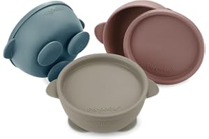 PandaEar 3 Pack Baby Bowls with Suction, Silicone Toddler Bowls with Lids, No Spill Suction Bowls for Baby Infant First Stage, Baby Food Feeding Bowl Set, Blue/Brown