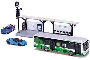 BBURAGO 1/64 PUBLICZNY TRANSPORT - Playset City Bus + Stacja + 2 pojazdy -, Niebieski lub Zielony