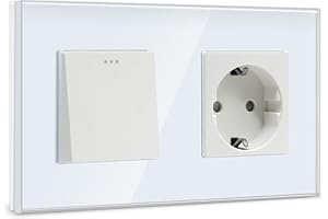 BSEED Interruptor de pared con Enchufe,1 Gang 1 Vía interruptor pared+16Amp Schuko Enchufe,16Amp Blanco Interruptor de luz de botón pulsador con cristal marco de cristal,Enchufes de pared para Cocina