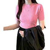 Istyle Can Women Ribbed Slim Fit Top | Stretch Cotton Knit Crew Neck T-Shirt | Solid Casual Short Sleeve Tee for Office, Laye