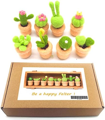 YSZ Cactus World Needle Felting Kits Merino Wool - 3 Felting Needles, 1 Pair Finger Guards, 1 Foam Mat with Photo Instructions (8 Pack)