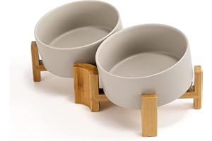 SPUNKYJUNKY Tazón de Cerámica Inclinado 15° para Perros y Gatos con Soporte de Madera Comedero y Bebedero Antideslizante para Perros y Gatos de Cara Plana & Pequeños y Medianos 850ml Gris × 2