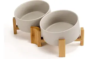 SPUNKYJUNKY Tazón de Cerámica Inclinado 15° para Perros y Gatos con Soporte de Madera Comedero y Bebedero Antideslizante para Perros y Gatos de Cara Plana & Pequeños y Medianos 850ml Gris × 2