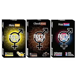 NOTTY BOY Chocolate Flavour, Extra Thin Banana Flavoured And 4IN1 (Ribbed Dotted Contour Climax Delay) Condoms For Men And Women ? 30 Count