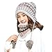 Produktbild happy event Fleece gefütterte Damen Strickmütze Schal Set | Mädchen Winter Ski Hut mit Ohrenklappen Pompom (Grau)