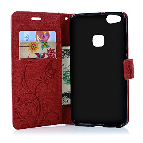 Huawei P10 Lite H  lle Badalink Schutzh  lle Leder PU TPU Handyh  lle Gemalt Rot Handytasche Wallet Case St  nder Magnet-Schloss Cover Flipcase   Eing