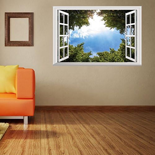 3D Fake Windows Wall Stickers Green Trees Blue Sky Living Room Bedroom Removable Self-adhesive Stickers Waterproof PVC