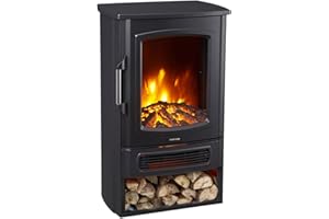 Neo 1000W / 2000W Freestanding Electric Fire Stove Heater Burner Realistic Flame and Log Store (Black)