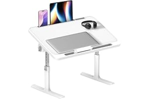 KIDSGIGGLZ Table de Lit Réglable 60 x 40 cm, Plateau Bureau Pliable pour Ordinateur Portable, Hauteur et Angle Ajustables, Lapdesk Pliable avec Support Tablette, Idéal pour Lit, Canapé, Sol - Blanc