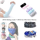 Iriesure 4PCS Arm Sleeves With Thumb Holes + 2PCS Riding Mask, 4PCS Random Colors Sunproof Anti-UV Driving Outdoor Arm Sleeves and 1PCS Stripe Black Magic Scarf and 1PCS Blue Grey Outdoor Face Mask