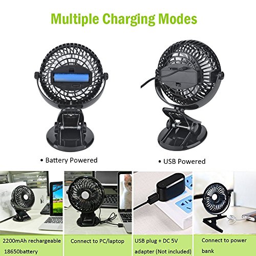 Mayoga F802 Tragbar USB Mini Klammer Fan / Handheld Aufladen Lithium-Ionen-Akku Ventilator – Geräuscharmer 360-Grad-Winkel Einstellen Luftstromsteuer (Schwarz) - 4