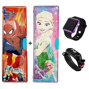 IZU.. Multipurpose Magnetic Pencil Box with Dual Sharpener Cartoon Printed Pencil Case+Teddy Watch+Square Digital Watch for Boys& Girls (Combo Set) Pack of-4 (Spider+FRO)