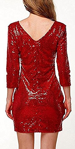 BAINASIQI Damen Sexy Paillettenkleid Minikleid Kurz Cocktailkleid Partykleid Abendkleid mit Rückenfrei V-Ausschnitt Design (Rot, XL) - 3
