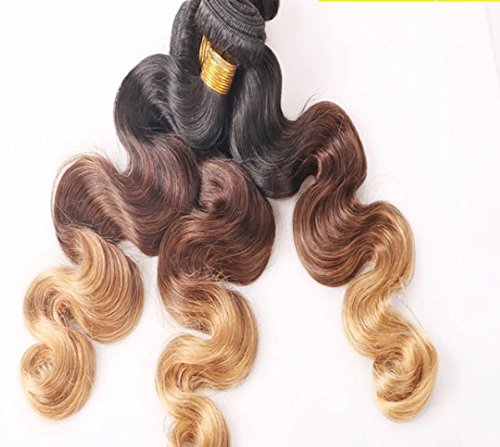 Preisvergleich Produktbild NuoYa005 Haarverlängerung / Haarextension, brasilianisches Remy-Echthaar, Güteklasse 6A, gewellt, 300g, 3 Stränge mit 36 / 41 / 46cm, Ombré-Stil, Schwarz / goldfarben