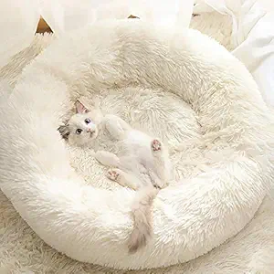 Gavenia Cat Beds for Indoor Cats - 20??x20?? Washable Donut Cat and Dog Cushion Bed,Waterproof Bottom - Fluffy Dog and Cat Calming Cushion Bed for Joint-Relief and Sleep Improvement (Beige)