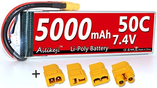 Ailikeoprte Lipo Battery 7.4V 5000mAh 50C 2S Lipo RC Battery Pack with XT60 Plug and Spare Plugs for RC Racing Hobby Drone Airplane Helicopter Car Truck Boat Traxxas Slash DJI  (5000mAh,7.4V,XT60)