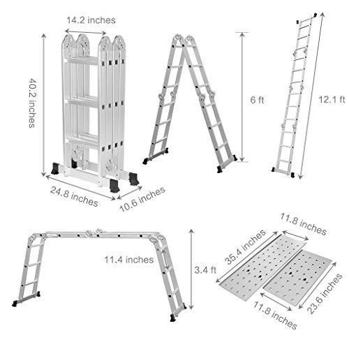 LANGRIA Mehrzweckleitern 12,1FT/3,7M Klappleiter Gelenkleiter mit Sicherheitsverriegelung Scharniere, 2 Gerüstplatten, EN131 Zertifiziert, 4 Falten, 12 Sprossen, 330 Lb / 150kg Kapazität - 5