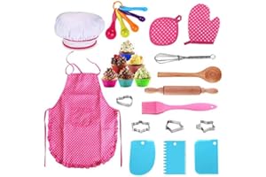Anpole Kids Baking Set with Pink Apron, Chef Hat, 26 Pcs Children's Baking Kit Chef Dress Up Role Play Toys for 3 4 5 6 7 8 Year Old Girls and Boys for Christmas, Thanksgiving Gift