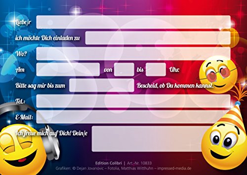 10 Smiley-Einladungen (Set 3): „SMILEY-PARTY IN DER DISCO“, lustiges Smiley- / Emoji-Einladungskarten-Set zum Geburtstag oder zur Disko von EDITION COLIBRI © (10 Stück) - 2