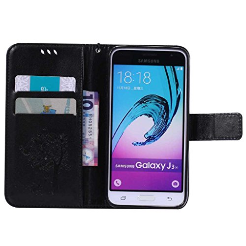 Samsung Galaxy J3 2015 Hülle [mit Frei Hartglas Displayschutzfolie], BoxTii® Ledertasche Lederhülle mit Bändselloch Kartenfächern, Kratzfeste Wickelfalz Weiche PU Leder Flip Wallet Case, Handyhülle Schutzhülle mit Rückschale Cover für Samsung Galaxy J3 2015 (#1 Schwarz) - 4