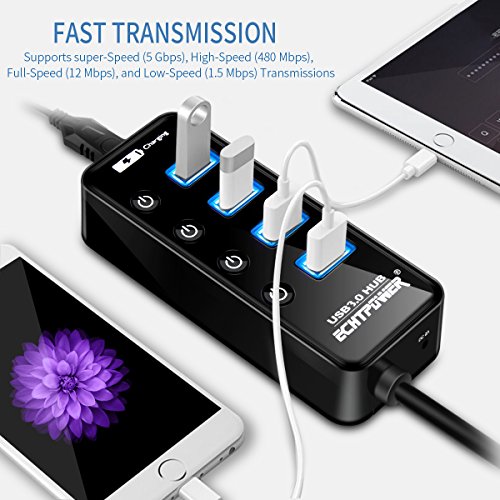 ECHTPower 4 Port USB 3.0 HUB Datenhub Erweiterung, USB Extra Leicht Verteiler mit 2.4A USB Ladeanschluss und Ein/Aus Schaltern für Apple MacBook, MacBook Air, MacBook Pro, Mac Mini, iMac, MacPro, Windows Laptops und Ultrabooks, sowie PCs und weiteren USB 3.0 kompatiblen Geräten - 2
