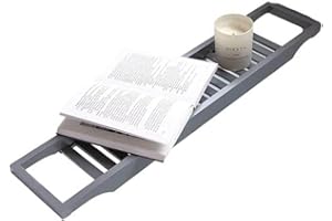 Vencier Eco-Friendly Slimline Bamboo Bath Bridge Rack Caddy Shelf- (Grey)