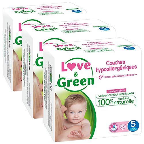 Love & Green - Couches Bébé Hypoallergéniques 0% - Taille 5 (12-25 kg) - Lot de 3 x 40 couches (120 couches)