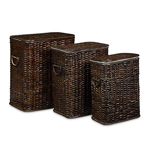 Relaxdays Wäschekorb 3er Set geflochten Rattan eckig HBT 54,5 x 45,5 x 33,5 cm stapelbare Wäschetruhe mit herausnehmbarem Wäschesack waschbar Wäschebox ca. 69 L Wäschesammler atmungsaktiv, schokobraun - 3