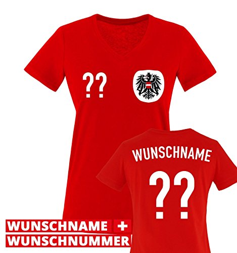 TRIKOT – AT – WUNSCHDRUCK – Damen V-Neck T-Shirt – Rot / Weiss-Schwarz Gr. M